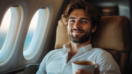 Handsome man sitting comfortably in airplane seat, holding coffee cup, smiling during flight, enjoying travel in first class, relaxed and content, business travel comfort, in-flight relaxation.