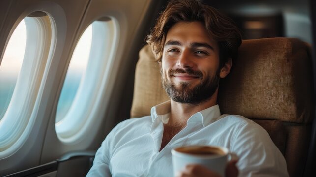 Handsome man sitting comfortably in airplane seat, holding coffee cup, smiling during flight, enjoying travel in first class, relaxed and content, business travel comfort, in-flight relaxation.