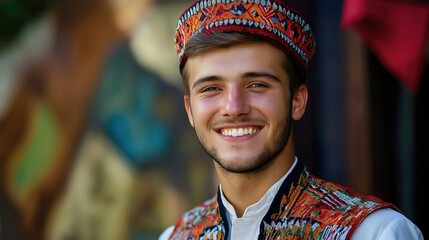 Obraz premium Colorful traditional costume for folklore performance, man in Serbian festival attire, dance celebrates cultural heritage, clothes reflect ethnic traditions, folk dancer in vibrant dress