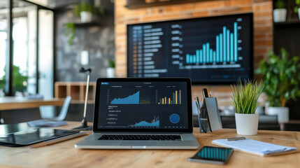 Laptop showing financial graphs and data in a modern workspace with large screen in the background, representing business analysis, stock market, and economic trends