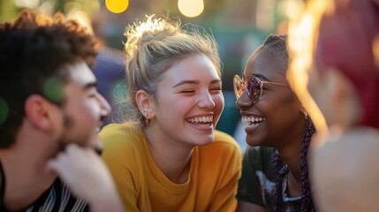 Diverse group of friends enjoying and  laughing together, A fun evening with friends