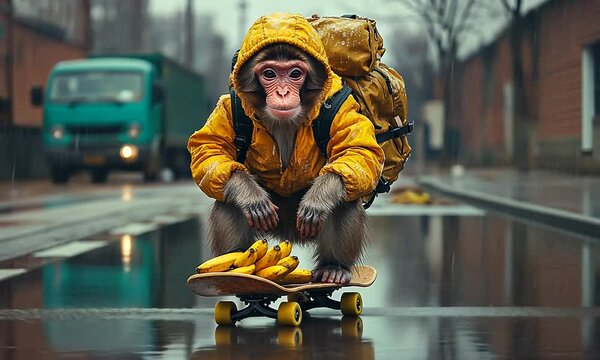 A monkey in a yellow jacket skateboards with bananas on a rainy street.