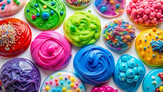 Variety of Colorful Slime Textures Displayed on a White Background for Creative Projects and Crafts