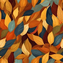 Autumn leaves seamless pattern, realistic oil painting, vibrant colors, golden light, close-up, intricate details