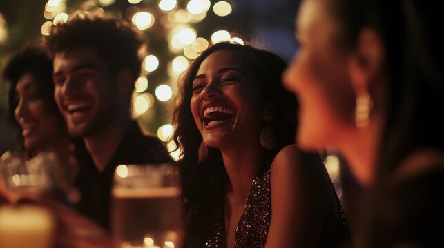 Diverse group of friends enjoying and  laughing together, A fun evening with friends