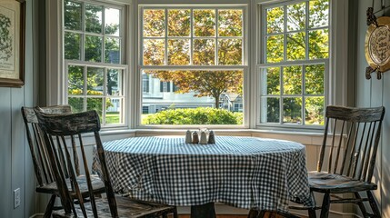 Obraz premium A quaint farmhouse breakfast nook with a bay window, surrounded by distressed wooden chairs and a vintage gingham tablecloth