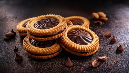 Obraz premium Delicious sweet crispy cookies with chocolate filling in the center on a dark concrete 