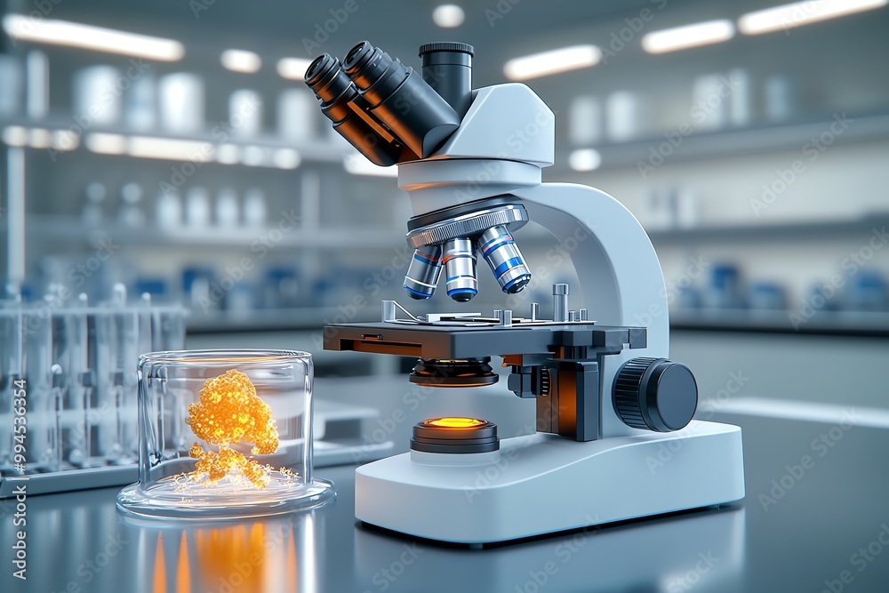 Aufkleber A hyper-realistic view of a microscope in a science lab, with detailed reflections on the lens and a clear view of the specimen under study