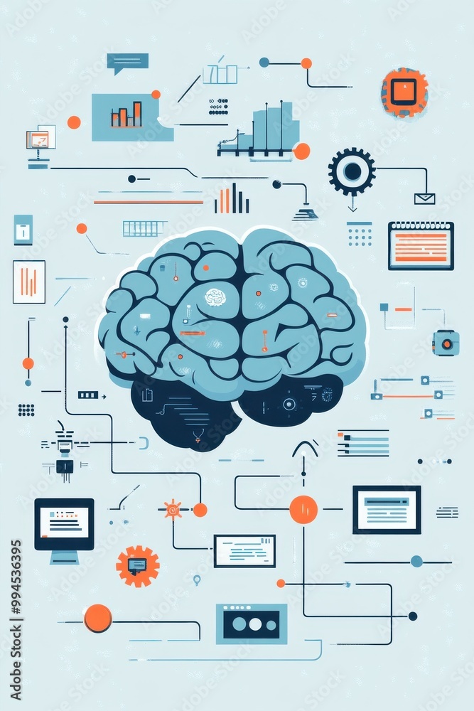 Poster illustration of an interconnected ai brain surrounded by data elements and technological icons on a 