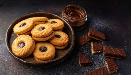 Naklejka premium Delicious sweet crispy cookies with chocolate filling in the center on a dark concrete 