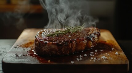 Delicious Wagyu ribeye on a wooden tray with a beautiful texture.