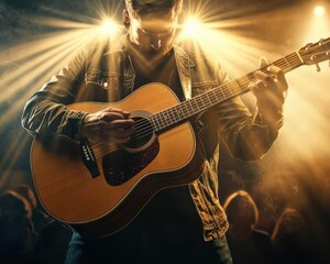 Obraz premium A musician performs on stage with an acoustic guitar under bright spotlights