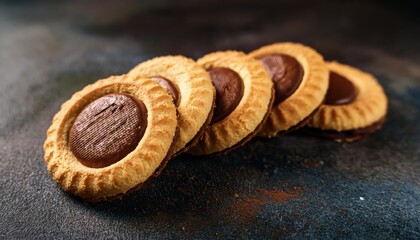 Delicious sweet crispy cookies with chocolate filling in the center on a dark concrete 