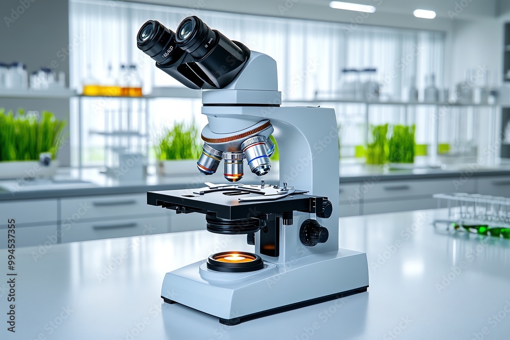 Aufkleber A hyper-realistic view of a microscope in a science lab, with detailed reflections on the lens and a clear view of the specimen under study