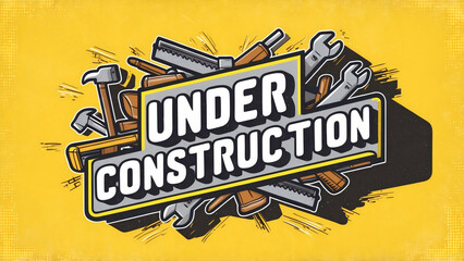 Modern sticker banner with "Under Construction" in bold, block letters, surrounded by construction tools like hammers and wrenches, on a bright yellow background, playful, retro, grunge stamp, cartoon