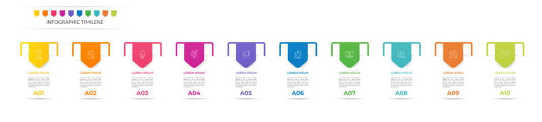 Infographics labels vector options template with ten steps and icons. The modern template can be used for workflow layout, banners, diagrams, business options, projects, web design, marketing