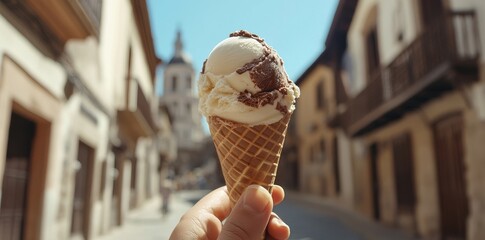 With a typical Mediterranean street background, a young man holds up a cone filled with vanilla and chocolate ice cream. First person perspective.