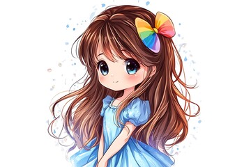 Naklejka premium Cute anime girl with brown hair and big blue eyes wearing a blue dress and a rainbow bow.