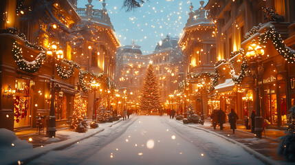 クリスマスイルミネーションの輝く街並み/Christmas Street Illuminated with Festive Lights generative AI