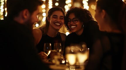 Diverse group of friends enjoying and  laughing together, A fun evening with friends