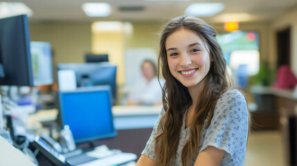 Woman receptionist at hospital desk, nurse assists with clinic appointments, medical office staff patient reception, healthcare professional in uniform handles consultations, female assistant service