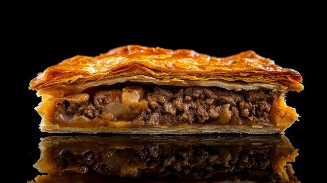Pie with a golden lattice crust, revealing the filling of beef and vegetables. Served hot, the pie is served on a white plate.