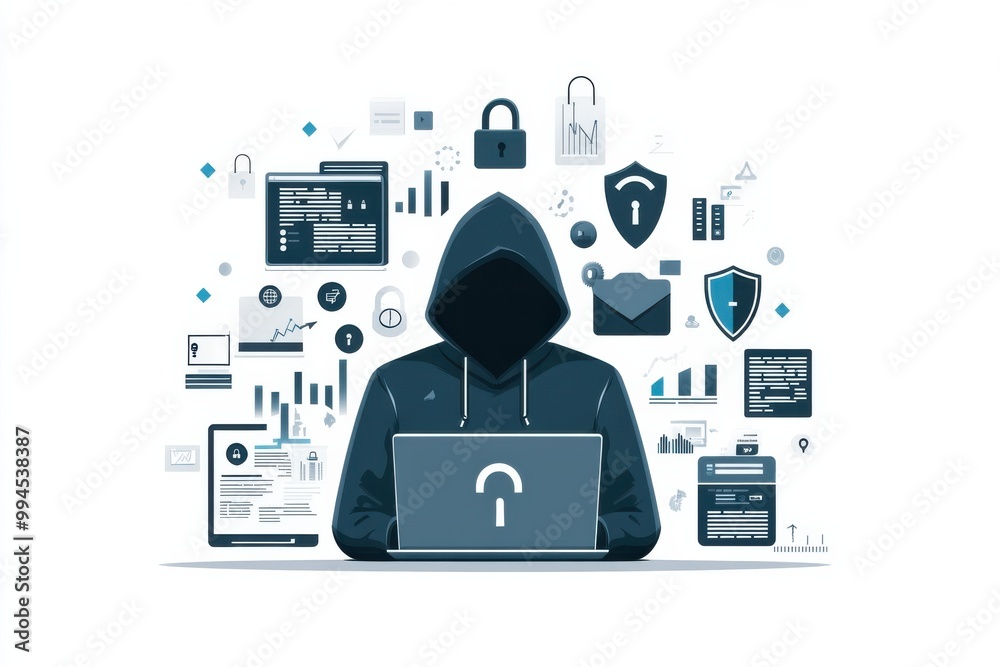 Poster hacker icon with cybersecurity symbols depicting online security and digital hacking concepts
