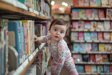 A cute baby girl wearing a pink and orange top, standing in front of bookshelves at the bookstore with books everywhere. Library, bookmarket.