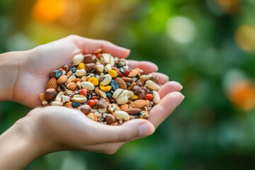 Photograph of Hands Snacking on Mixed Nuts and Seeds, Showcasing Rich Textures and Vibrant Colors