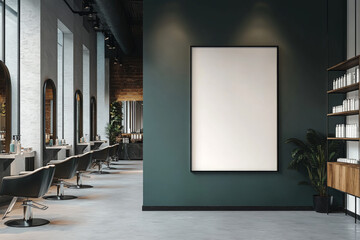 Stylish salon interior with armchairs, shelf with accessories. Mockup frame