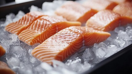 Conveyor belt in a salmon processing plant with salmon fillets