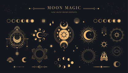 moon magic: set / collection of lunar / celestial design elements with moon phases, bursting rays of moonlight, star shapes, frames and abstract elements for mystic prints, patterns or backgrounds