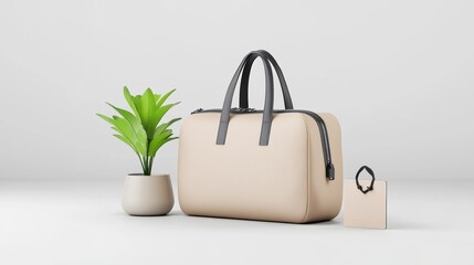 Stylish Beige Handbag with Plant on Minimalist Display