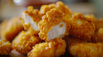 A close-up of chicken tenders with a golden crust, captured using an ultra HD camera with a ring light for even illumination
