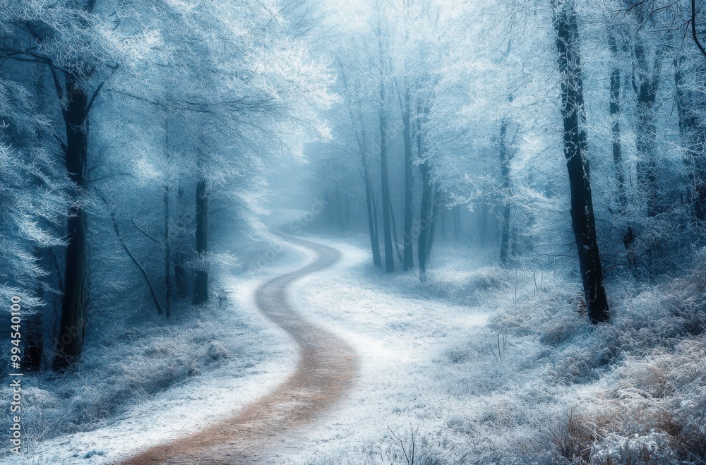 Poster a winding path through an icy forest, with frost-covered trees and soft blue hues in the misty air. 