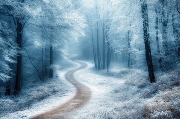 Obraz premium A winding path through an icy forest, with frost-covered trees and soft blue hues in the misty air. The road leads to the distant horizon, creating a sense of mystery and wonder