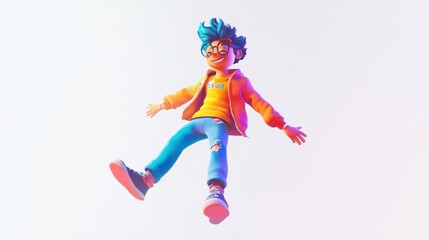 A Cartoon Boy with Blue Hair and a Yellow Shirt in Mid-Air
