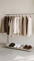 A clothing rack displays neutrally colored garments in earthy tones, arranged on metal hangers, embodying the essence of autumn fashion in a stylish industrial environment