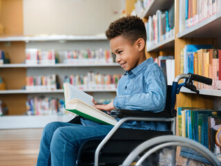 Happy young disabled mixed race school student in wheelchair reading a library book. African american child with disability learning. Inclusive & diverse education