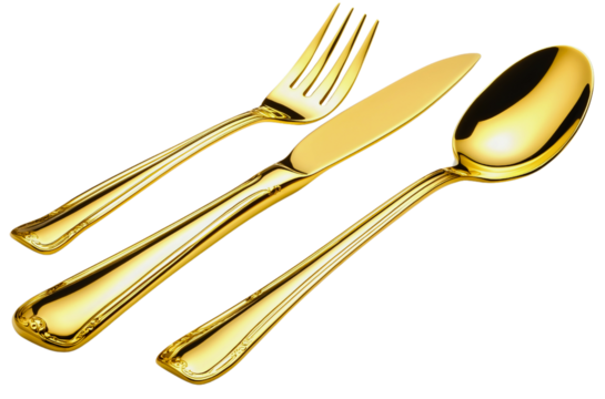 Luxury golden cutlery set isolated on transparent, fork, knife, and spoon for elegant dining, shiny metal flatware for upscale restaurant, stylish tableware object