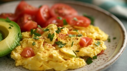Healthy breakfast options with whole grain toast, scrambled eggs, and avocado, beautifully presented on a platter, offering a variety of choices for a fast start to the day