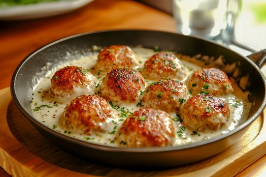 Varias alb&oacute;ndigas doradas cocidas en una sart&eacute;n con salsa cremosa, decoradas con perejil fresco. El plato est&aacute; presentado en una sart&eacute;n sobre una tabla de madera.