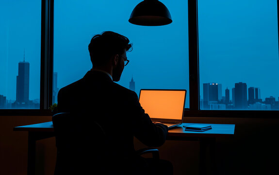 Silhouette of a office worker sitting in office chair at a table with laptop computer in dark room at night; night cityscape out the window of the office; a man working overtime in a dark office