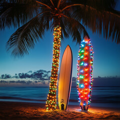 Surfboards wrapped in Christmas lights under palm tree at tropical beach at dusk