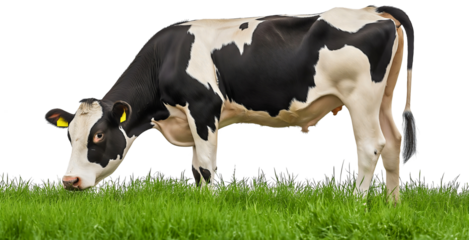 Cow grazing on green grass, isolated farm animal, black and white dairy cattle on pasture, livestock portrait with horns, rural agriculture scene with bovine milk