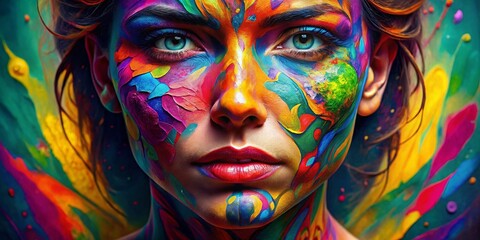 Vibrant Abstract Face Art Portrait with Bold Colors and Intricate Patterns for Creative Projects