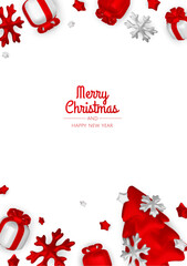 Merry christmas greeting card vector poster. Christmas elegant invitation template with xmas balls, xmas tree and snowflakes. Vector illustration holiday season greeting