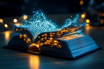 A magical book with glowing pages, where every word written illuminates the room with a soft, ethereal light