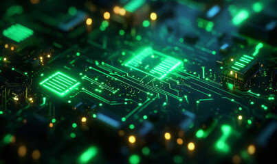 Fototapeta premium Blue and green abstract electronic PCB (Printed Circuit Board) background with 3D illustration.