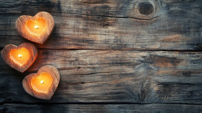 Three wooden candles in the shape of a heart burn softly on a wooden background in a rustic style, a background with a place for text